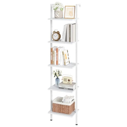 ELYKEN Ladder Shelf, White 5-Tier Wood Wall Mounted Bookshelf with Metal Frame, Modern Open Display Organizer Rack, Leaning Storage Shelves for Living Room, Bedroom, Home Office - color: White