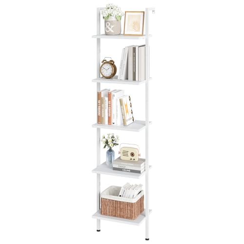 ELYKEN Ladder Shelf, White 5-Tier Wood Wall Mounted Bookshelf with Metal Frame, Modern Open Display Organizer Rack, Leaning Storage Shelves for Living Room, Bedroom, Home Office - color: White