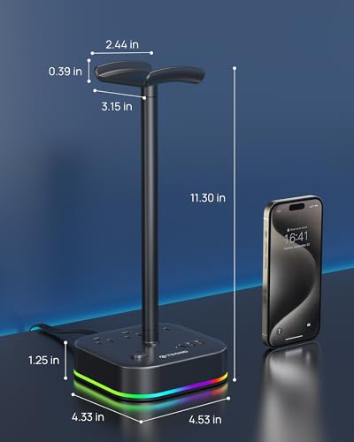 TROND Headphone Stand with USB C, Desk Gaming Headset Holder with 3 AC Outlets, 2 USB-A and 1 USB-C, Headset Stand with 5 RGB Light Modes, for Gaming Desk Accessories Gamer Boyfriend Gifts