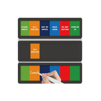 Office Door Signs with 6 Printed Status Options – Do Not Disturb, Out of Office, In a Meeting, Please Knock, Back Soon, Come on in – Includes Custom Personalized Blank Sticker for Privacy Workspace or Studio Available and Away - style: Black--Come on in
