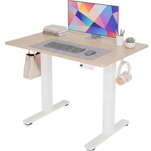 Claiks Electric Standing Desk 35 x 20 Inches, Compact Adjustable Height Motorized Sit Stand Desk with 3 Memory Presets & Cable Management, Space-Saving Computer Workstation for Bedroom, Nature - color: Nature, size: 35 Inch