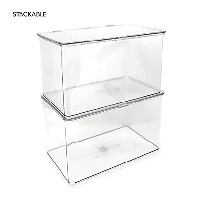 Isaac Jacobs Large Stackable Organizer Bin (10.75” x 6.5” x 6.1”) w Hinged Lid Clear Storage Box Home Office School Fridge Bathroom Kitchen Pantry Container BPAFree Food Safe (Large Clear) - size: Large