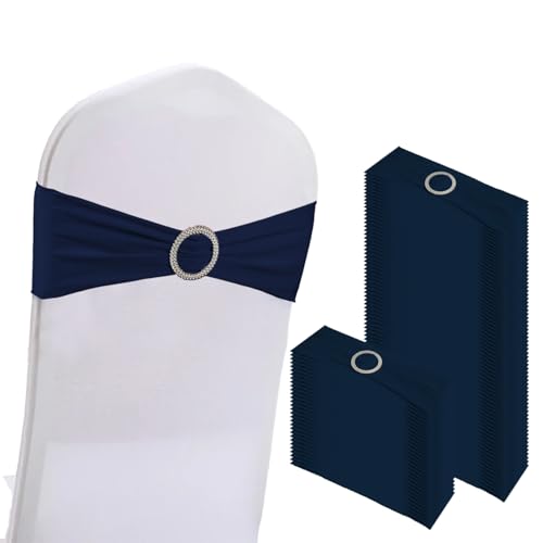 WJWHQ 100PCS Spandex Stretch Chair Sashes Bows Elastic Chair Cover Bands Ties with Buckle Slider for Wedding Party Reception Events Universal Ceremony Banquet Decorations(Navy) - color: Navy