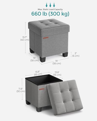 SONGMICS Storage Ottoman, Small Ottoman Foot Rest with Legs, 15 x 15 x 15.7 Inches Foot Stool, Load up to 660 lb, for Living Room, Bedroom, Dorm, Dove Gray ULSF014G02 - color: Dove Gray, size: 15"D x 15"W x 15.7"H