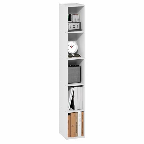 Furinno Fulda Book Shelf, 5-Tier Tall Narrow Bookshelf, Standing Bookcase with 8-in Width Storage Shelf, 9.3 x 7.9 x 51.9, for Organization Storage, for Living Room, Bedroom, Home Office, White - color: White, size: 5-Tier, 8W