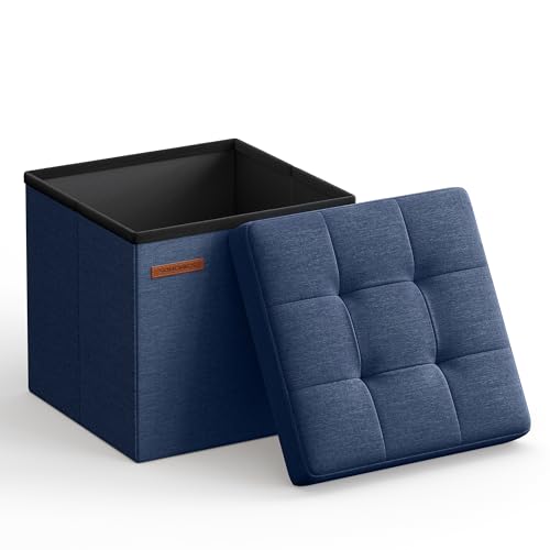 SONGMICS Storage Ottoman, Foldable Small Ottoman Foot Rest, 11.8 Inches Foot Stool, Cube Ottoman with Storage, Load up to 286 lb, for Living Room, Bedroom, Dorm, Midnight Blue ULSF028Q02 - color: Linen-look Fabric, size: 11.8"D x 11.8"W x 11.8"H