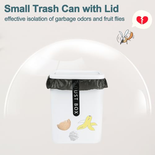 2Pcs Mini Trash Can with Lid, Plastic Mini Wastebasket with 5 Roll Trash Bags, Tiny Desktop Waste Garbage Bin for Kitchen Bathroom Office Home Desk Bedroom Vanity Tabletop(White+Grey)