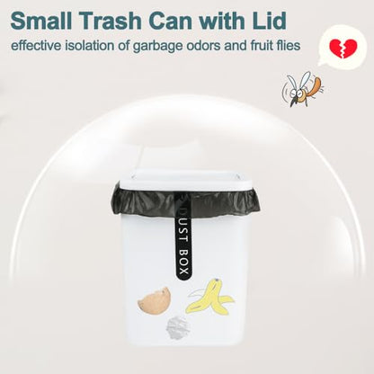 2Pcs Mini Trash Can with Lid, Plastic Mini Wastebasket with 5 Roll Trash Bags, Tiny Desktop Waste Garbage Bin for Kitchen Bathroom Office Home Desk Bedroom Vanity Tabletop(White+Grey)