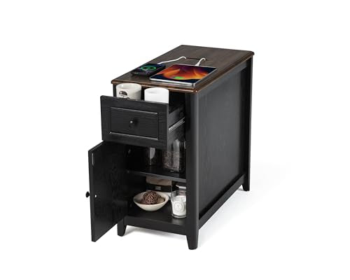 Farmhouse End Table with Charging Station, USB-C, Narrow Side Table with Storage Cabinet and Deep Drawer, Small Nightstand with Hidden USB Ports and Outlets for Living Room, Bedroom, Office,Black - color: Black, size: 24" Leg