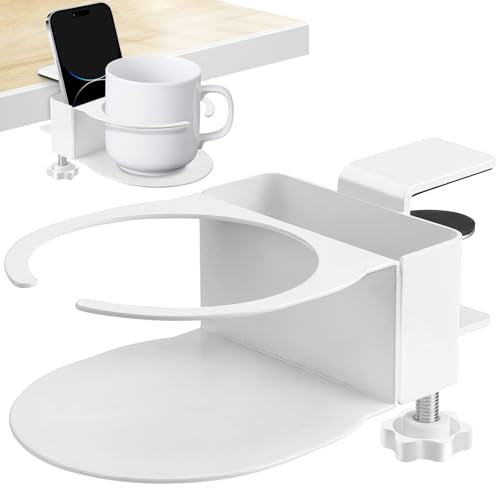 Desk Cup Holder for Coffee Mugs, Tumblers, Water Bottles with Mobile Phone Stand, Anti-Spill Metal School Home Office Accessories (White-1) - color: White-1