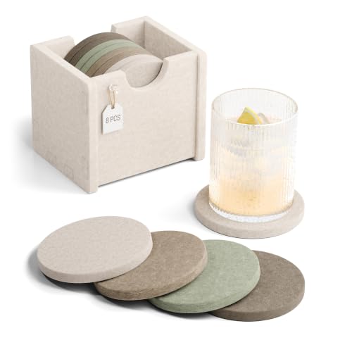 Fluxynara Felt Coasters for Drinks, Set of 8 Absorbent Coasters with Holder, Heat-Resistant & Reusable Round Design for Coffee Table & Living Room, 3.94 Inch, Linen Dusk - color: Linen Dusk, size: Round - 8 Count