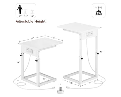 Vagusicc C Shaped End Table with Charging Station, C Table End Table Adjustable Height Sofa Table, Side Table for Couch, Couch Table that Slide Under, TV Tray Arm Table for Living Room,Bedroom, White - color: White, style: Charging Station
