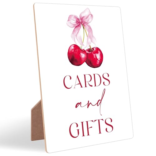 Cherry Wedding Signs for Reception, Pink Bow Cards and Gifts Sign, Berry Wooden Wedding Signs with Stand, Pink Bow Bridal Shower Decoration, Bridal Shower Party Supplies for Reception, 15 - color: Wedding15