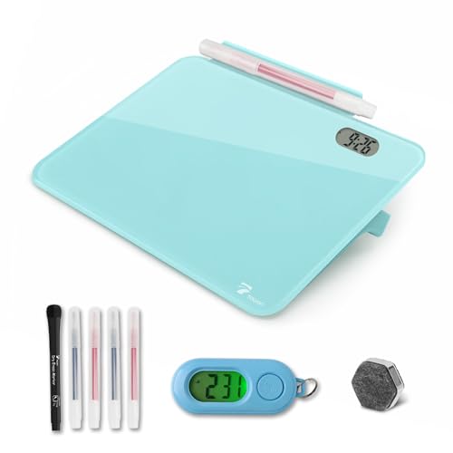 Small Glass Desk Whiteboard Dry-Erase Board with Clock, Small Travel Clock Keychain with Desk Notepad, Time Table Whiteboard for Desk Digital LED Light Display, 8x6 in with Accessories, Aqua Blue - color: Teal Blue With Clock