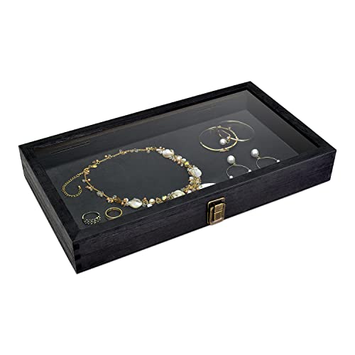MOOCA Wood Tempered Glass Top Jewelry Display Case Accessories Storage Box with Metal Clasp, Wooden Jewelry Tray for Collectibles, Pocket Knife Display Case, Black - color: Black, size: 1 Piece, 2 inch high