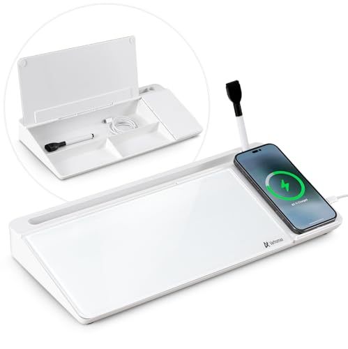 Varhomax Glass Desk Whiteboard with Wireless Charger, Desktop Dry Erase White Board with Storage, to Do List Memo Notepad for Home and Office - color: Wireless Charger-white