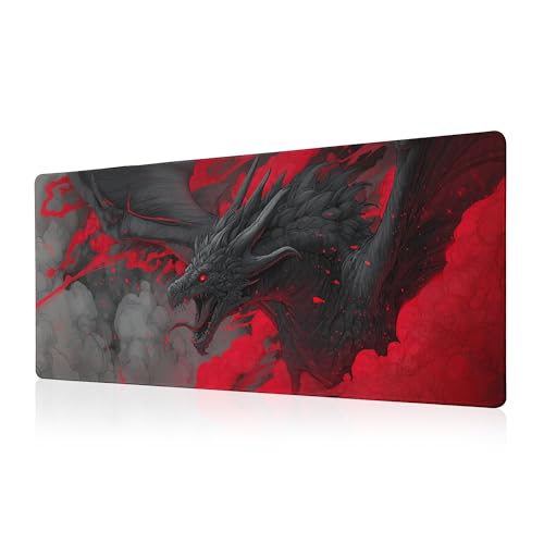 Huge Dragon Mouse Pad Desk Mat XL Extended Large Gaming Desk Pad Mousepad, Red and Black Computer Laptop Keyboard and Mouse Mat, Desktop Protector Mat for Office and Home 31.5x11.8 in - color: A Red-eyed Dragon