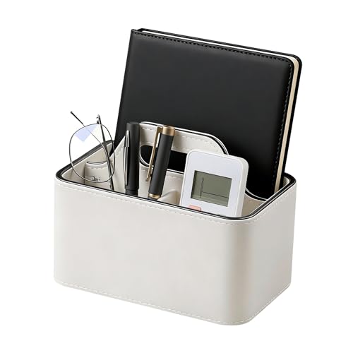 Caddy Organizer with Handle, PU Leather Remote Control Holder Desk Caddy, Portable Makeup Remote Organizer for Table, Nightstand, Office (Cream) - color: Cream