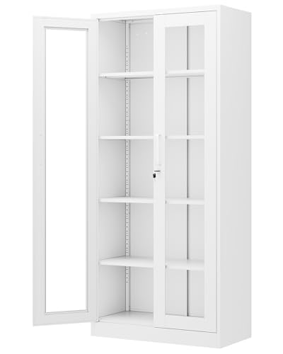 PEUKC Display Cabinet with Glass Doors, 71 Inches Metal Display Case with 4 Adjustable Shelves, Curio Storage Cabinet with Lock for Home, Office, Book, Pantry, Assemble Required (White) - color: White, size: 71 Inches - 2 Doors