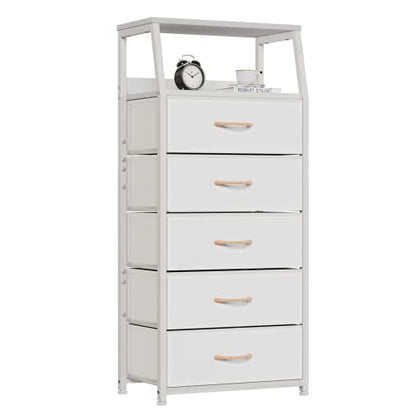 Furnulem White Dresser with 5 Drawers, Vertical Storage Tower Fabric Dresser for Bedroom, Hallway, Entryway, Nursery, Closet Organizer, Nightstand Bedside Table Furniture, Sturdy Steel Frame, Wood Top - color: White, style: 5 Drawers