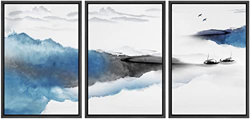 NWT Framed Canvas Print Wall Art Set Pastel Watercolor Mist Mountain Range Landscape Nature Wilderness Illustration Modern Rustic Scenic for Living Room, Bedroom, Office - 16"x24"x3 Black - color: A02-05-b20, size: 16" x 24" x 3 Panels BLACK