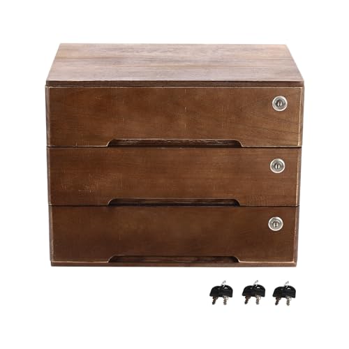Wooden Desk Organizer with Drawers & Lock, Desktop Countertop Storage Cabinet Lockable Home Office Supplies File Tabletop Organizing Unit (3 Drawer - Retro Walnut) - style: 3 Drawer - Retro Walnut