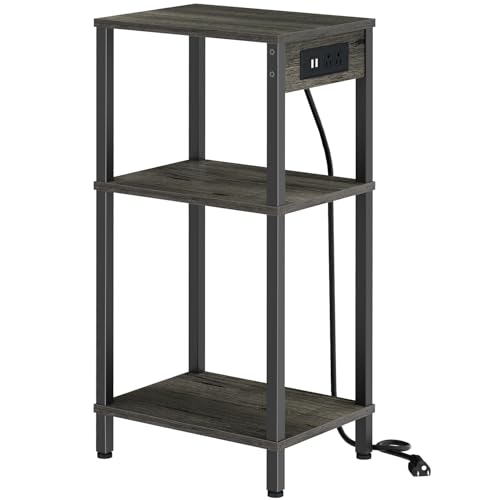 Creso hom Tall Nighstand with Charging Station, 3 Tier Small End Table with Storage, Skinny Side Table with USB Ports and Outlets for Bedroom, Living Room, Office, Carbon Gray - color: Carbon Gray, size: 11"D x 15"W x 30"H