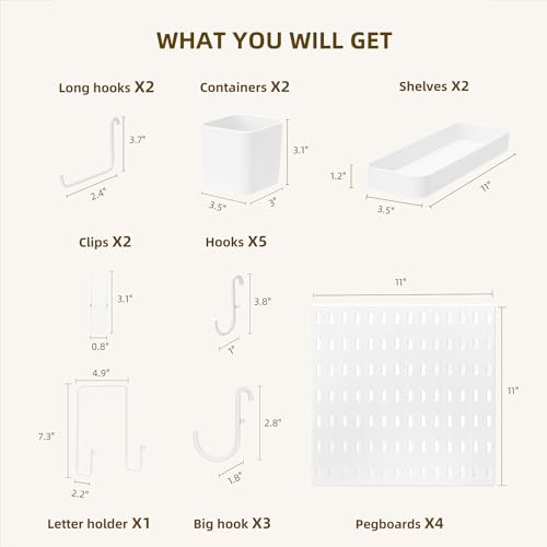 VUSIGN Pegboard Combination Wall Organizer Kit, 4 Pieces Pegboards and 17 Accessories Modular Hanging, Wall Mount Display Peg board Panel Kits for Bedroom, Home, Office, Bathroom, 22" x 22", White - color: White - 4 Pieces