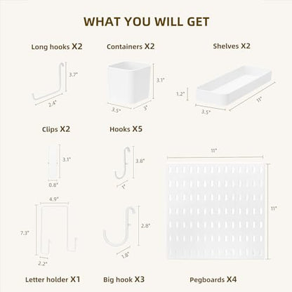 VUSIGN Pegboard Combination Wall Organizer Kit, 4 Pieces Pegboards and 17 Accessories Modular Hanging, Wall Mount Display Peg board Panel Kits for Bedroom, Home, Office, Bathroom, 22" x 22", White - color: White - 4 Pieces