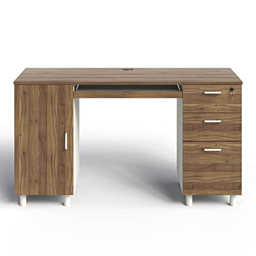 Modern Design Venice Computer Desk with Lockable Drawers, 53 Inch Home Office Desk with Storage Cabinet, Keyboard Tray & Cable Management, Modern Study Writing Desk for Small Spaces, Walnut and White - color: Walnut White
