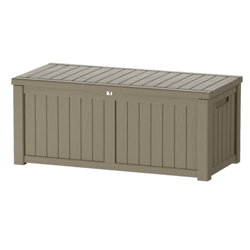 Outdoor Storage Box Waterproof, 150 Gallon Lockable Resin Deck Box Large, Patio Storage Bin for Pool Accessories Cushion Furniture, Garden Tools, UV-Resistant Outside Delivery Grey - color: Grey, size: 125 Gallon