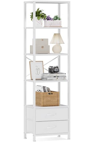 Furnulem 5-Tier Corner Shelf, Narrow Bookshelf with 2 Storage Drawers, Tall Bookcase, Wood Display Standing Shelf Organizer Unit for Living Room, Bedroom, Metal Frame(White) - color: White, size: 5 Tier