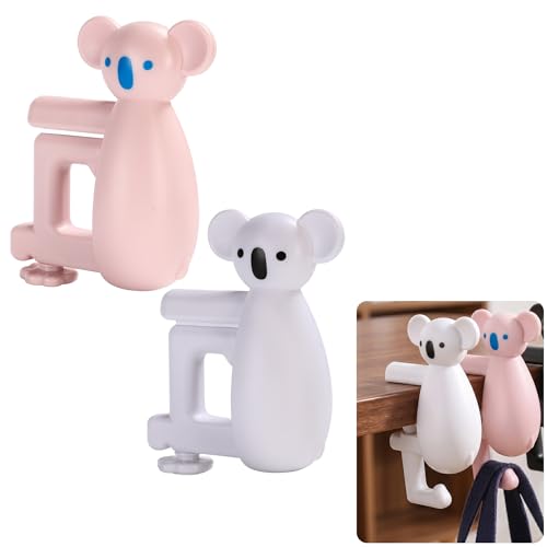 Cute Koala Purse Hook for Desk,22 Lbs Heavy Duty Bag Hanger for Table,No Drill Anti-Slip Desk Hook for Backpack&Headphones,Aesthetic Office Accessories Gifts for Women Girls (White&Pink(2-Pack)) - color: White&Pink(2-Pack)