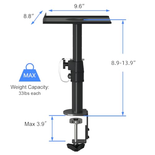 suptek Clamp-on Speaker Stand Desk Mount Set, Height Adjustment, Tilt, Swivel, 9.6 x 8.8 inch Trays, Universal Audio Holders for Computer and Bookshelf Speakers, Elevated Sound, 2 Pack, Black, SDM001B - color: Black