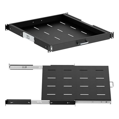 ynVISION.DESIGN 1U Sliding Rack Shelf – 20″ Deep Pull-Out Rack Mount Tray Extends to 35″, Fits 19″ 4-Post Server & AV Racks, Heavy Duty Steel Drawer Shelf, Network Cabinet Rack Shelf, 44 lb Capacity
