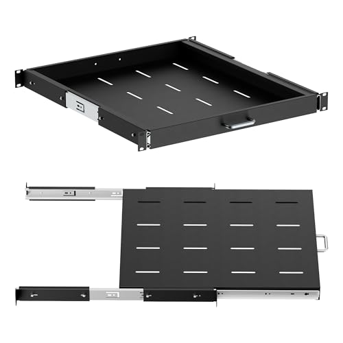 ynVISION.DESIGN 1U Sliding Rack Shelf – 20″ Deep Pull-Out Rack Mount Tray Extends to 35″, Fits 19″ 4-Post Server & AV Racks, Heavy Duty Steel Drawer Shelf, Network Cabinet Rack Shelf, 44 lb Capacity