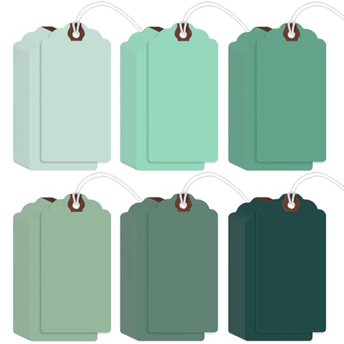 Outus 60 Pcs 4 3/4-in x 2 3/8-in Blank Large Paper Gift Tags with String and Reinforced Eyelet Wire Writable Price Tags Shipping Labels Inventory Labels(Gradient Green) - color: Gradient Green, size: Solid Style