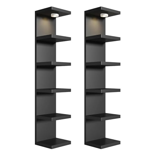 2 Pack 6-Tier Vertical Wall Shelf Unit with USB Rechargeable Led Light (Remote Controlled),Versatile Floating Display Shelves,Lack Style Wall Shelves for Bedroom,Living Room,Office Decor,Vanity-Black - color: Black, size: 2 Pack-6 Tier