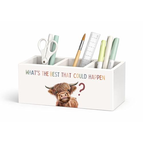 Best That Could Happen Cow Wooden 3-Compartment Desk Organizer | Cute cow quote design; 3 compartments hold pens, pencils, scissors, and rulers for kids, home, office, or classroom. - color: Best That Could Happen