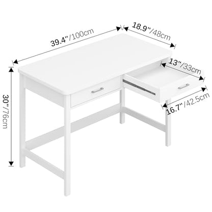 4NM 39.4" Small Desk with Wood Drawers, Home Office Computer Desk with Wooden Legs, Study Writing Table Vanity Desk for Small Spaces - White - color: White