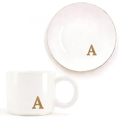 RainVibe Elegant Gift Set for Women – Personalized Monogram Ceramic Mug & Jewelry Tray – 12 oz Gold-Initial Coffee Cup with Gift Box, 4.75" Decorative Dish for Rings, Earrings, Keys (Letter A) - color: Letter A