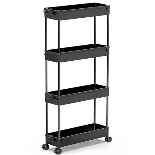 SPACEKEEPER Slim Rolling Storage Cart 4 Tier Bathroom Organizer Cart Mobile Shelving Unit Slide Out Utility Cart for Kitchen, Bthroom, Makeup, Craft, Laundry Narrow Places, Black - color: Black