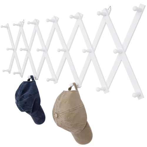 SCUNDA Wall Rack with 20 Hooks, Wooden Wall Expandable Coat Rack for Coat, Hats, Baseball Caps, Coffee Mug, Jewelry(White) - color: White, size: 20 Hooks