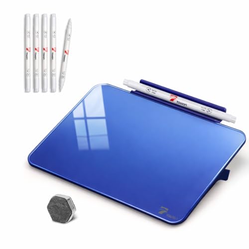 TOWON Navy Blue Glossy Mini Desktop Glass Whiteboard, 8 x 6 in Small Dry Erase Board for Desk with Pen Holder, Pure Glass Writing Surface with Accessories for Executive Office & Aesthetic Home Décor - color: Navy