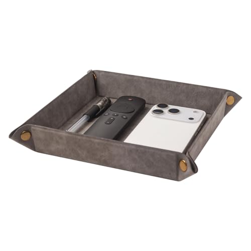 Valet Tray Desktop Storage Organizer – Premium PU Leather Catchall Bedside Vanity Tray Nightstand Caddy Holder for Remote Controller, Keys, Phone, Wallet, Coin, Jewelry,Grey - color: Gray