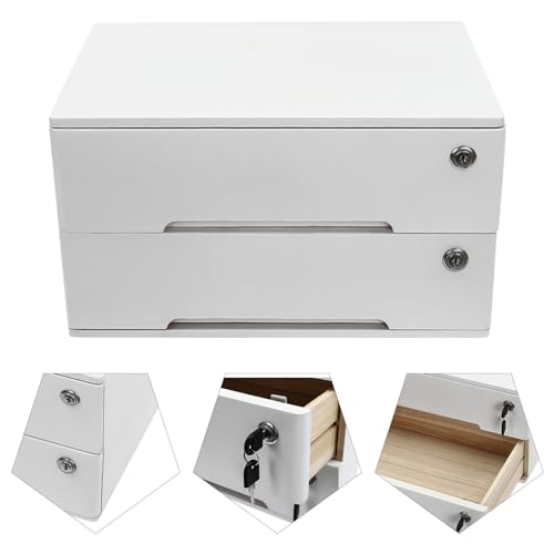 Wooden Desk Organizer with Drawers & Lock, Desktop Countertop Storage Cabinet Lockable Home Office Supplies File Tabletop Organizing Unit (2 Drawer - Modern White) - style: 2 Drawer - Modern White
