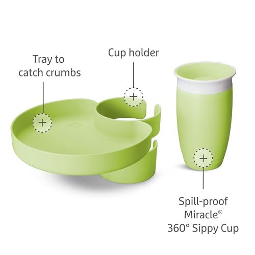 Munchkin Carseat Tray with Miracle 360 Sippy Cup for Toddlers 1-3 - Travel & Road Trip Accessory for Kids, Mess-Free Snacking and Spill Proof Drinking in The Car, Green - color: Green