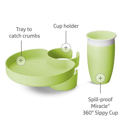 Munchkin Carseat Tray with Miracle 360 Sippy Cup for Toddlers 1-3 - Travel & Road Trip Accessory for Kids, Mess-Free Snacking and Spill Proof Drinking in The Car, Green - color: Green