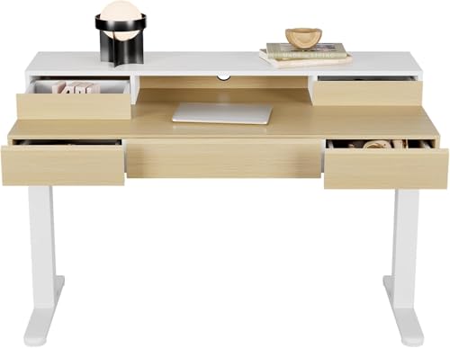 HUANUO Standing Desk with Drawers, 48 Inches Electric Height Adjustable Desk with Storage, Whole-Piece Board Sit Stand Up Desk with Monitor Shelf, Light Walnut - color: Light Walnut, size: Vertical Drawer Storage