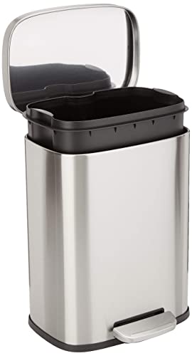 Amazon Basics SMALL Trash Can, 3.1 Gallon (12L), Smudge Resistant Rectangular Bin with Soft-Close Lid, Step Foot Pedal, Removable Inner Bucket, Brushed Stainless Steel, Satin Nickel Finish - size: Small, 12L/3.2 Gal